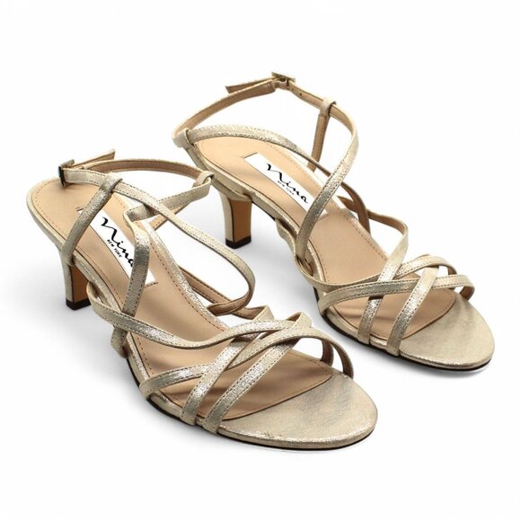 NINA NEW YORK Womens Gold Strappy Padded Neptune Almond Toe Sculpted Heel Buckle - Picture 1 of 8
